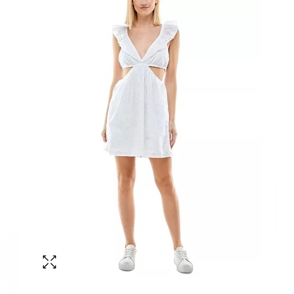 Juniors Eyelet Ruffled Cutout Flatter‎ Sleeves Dress Size S White - Picture 2 of 10